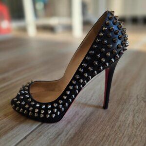 Christian Louboutin Lady Peeps Silver Spike Black Leather Shoes Eur. 36